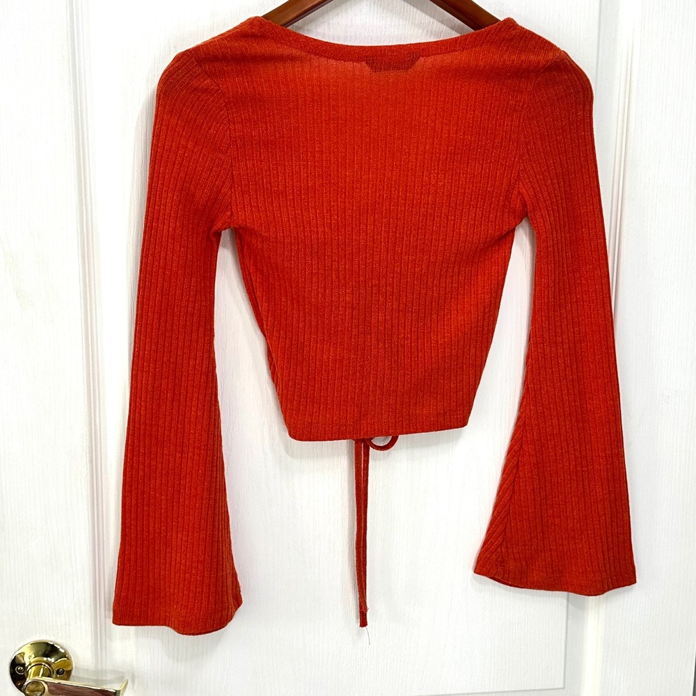 SHEIN Womens Burnt Orange Ribbed Bell Sleeve Drawstring Ruched Crop Top Size S - Picture 4 of 8